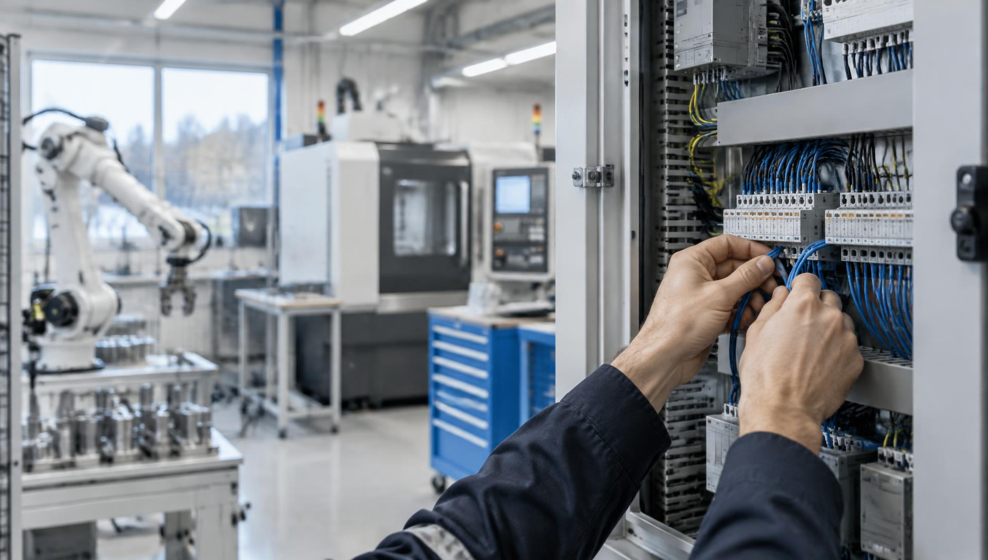Illustrativ bild av el-montering i styrskåp med robot och CNC-maskin i bakgrunden